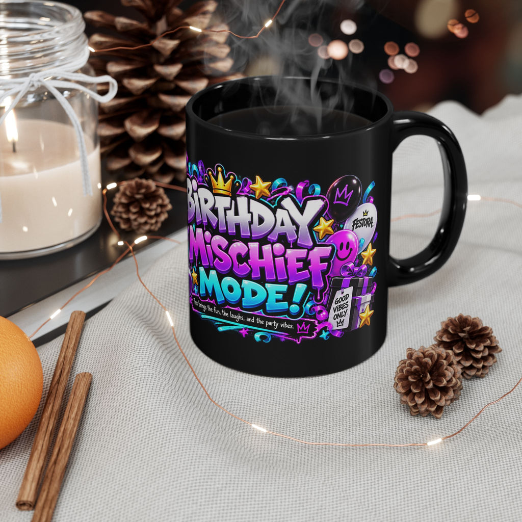 Birthday Mischief Mode Black Mug – Festora Alien Trix Birthday Cup