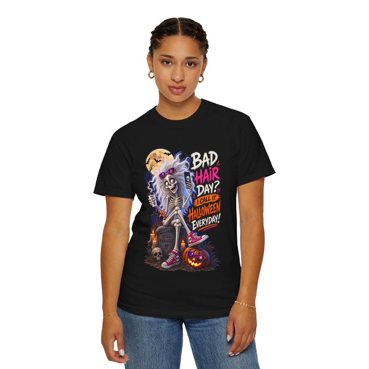 Halloween T-Shirt — “Bad Hair Day? I Call It Halloween Everyday!” Gothic Skeleton Tee