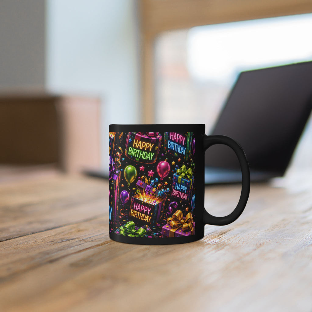 Happy Birthday Gift & Balloons Black Mug — Colorful Celebration Coffee Cup