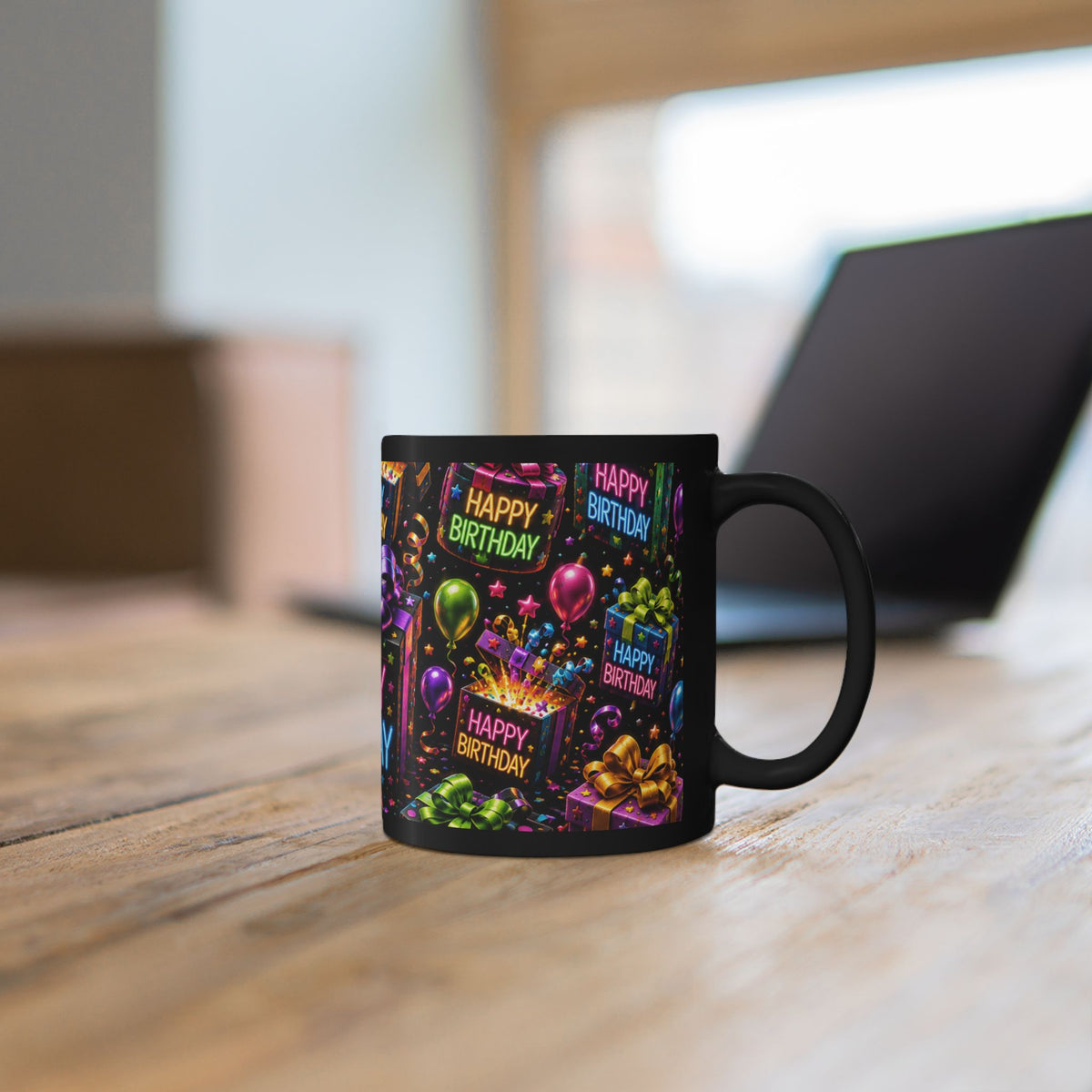 Happy Birthday Gift & Balloons Black Mug — Colorful Celebration Coffee Cup