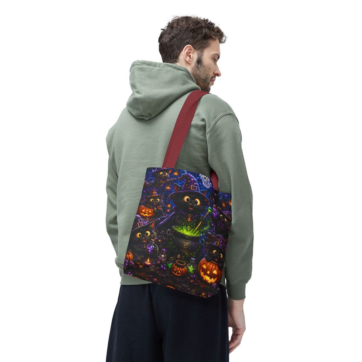 Halloween Black Cat Witches Tote Bag — Cute 3D Cats, Cauldron & Pumpkins Design