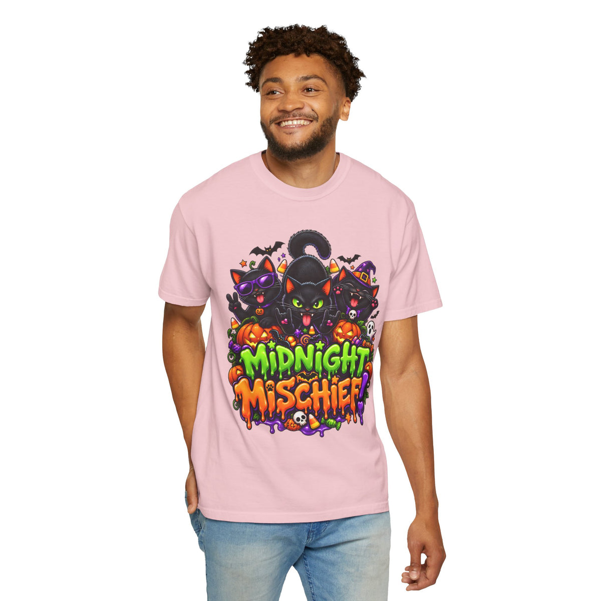 Midnight Mischief Halloween T-Shirt – Funny Black Cat Graphic Tee