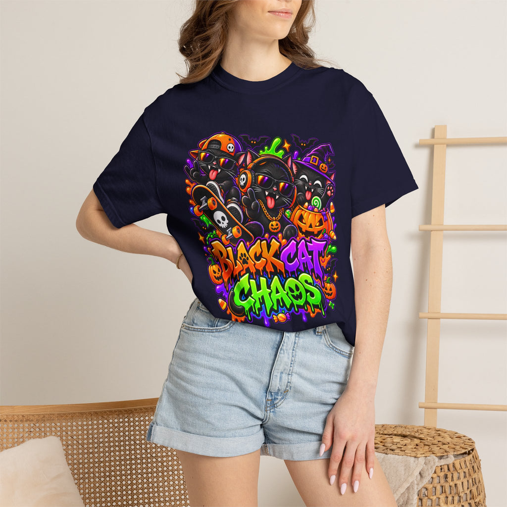 Neon Black Cat Halloween Chaos T-Shirt | Cute Spooky Cat Graphic Tee