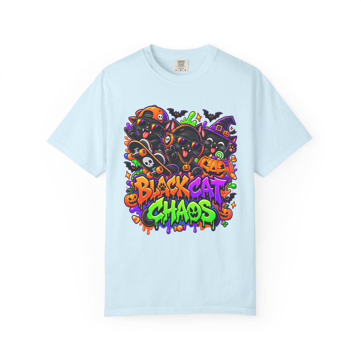 Neon Black Cat Halloween Chaos T-Shirt | Cute Spooky Cat Graphic Tee