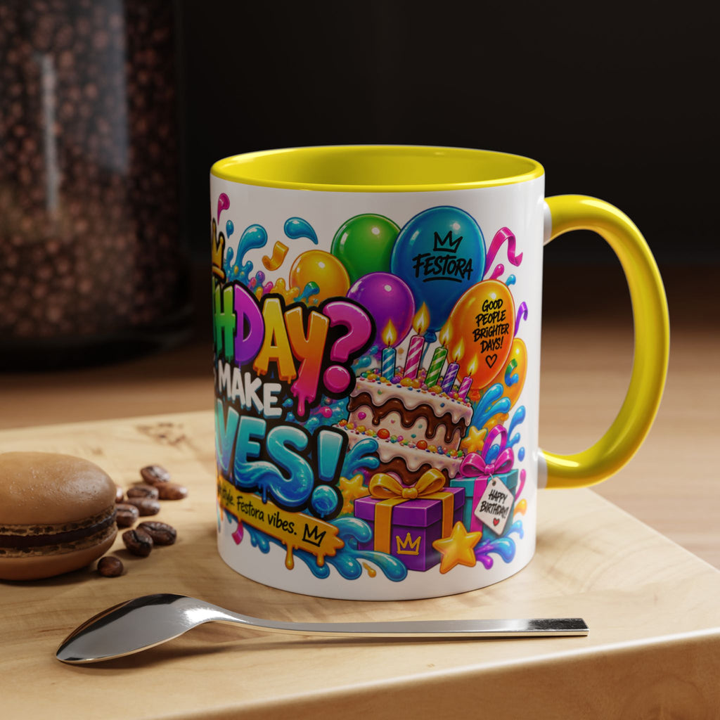 BIRTHDAY? LET’S MAKE WAVES! White Ceramic Mug – Funny Shark Birthday Coffee Cup – Original FestoraShop Design