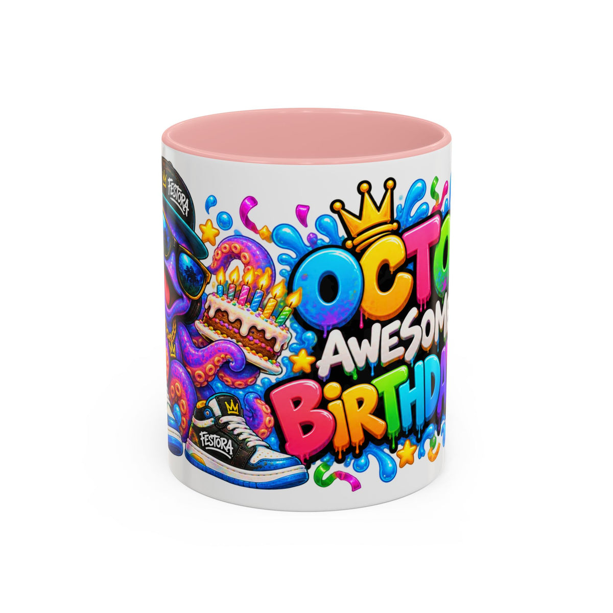 OCTO AWESOME BIRTHDAY! White Ceramic Mug – Funny Octopus Birthday Coffee Cup – Colorful Party Gift – Original FestoraShop Design