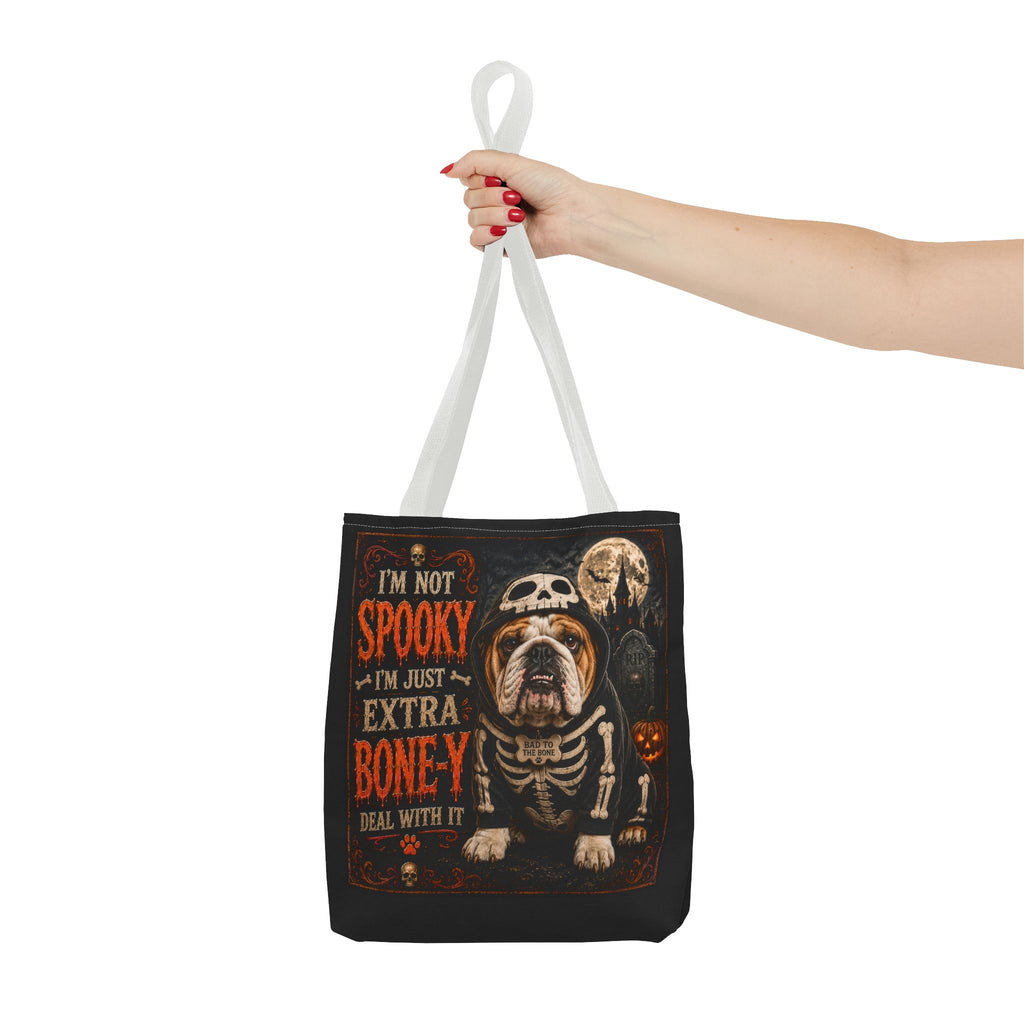 Halloween Bulldog Tote Bag – "I’m Not Spooky, I’m Just Extra Boney" All-Over Print