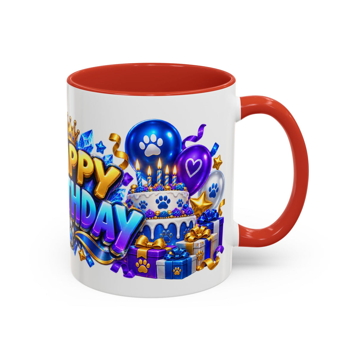 White Wolf Happy Birthday Mug – Blue Purple & Gold Birthday Gift – FestoraShop White Coffee Mug