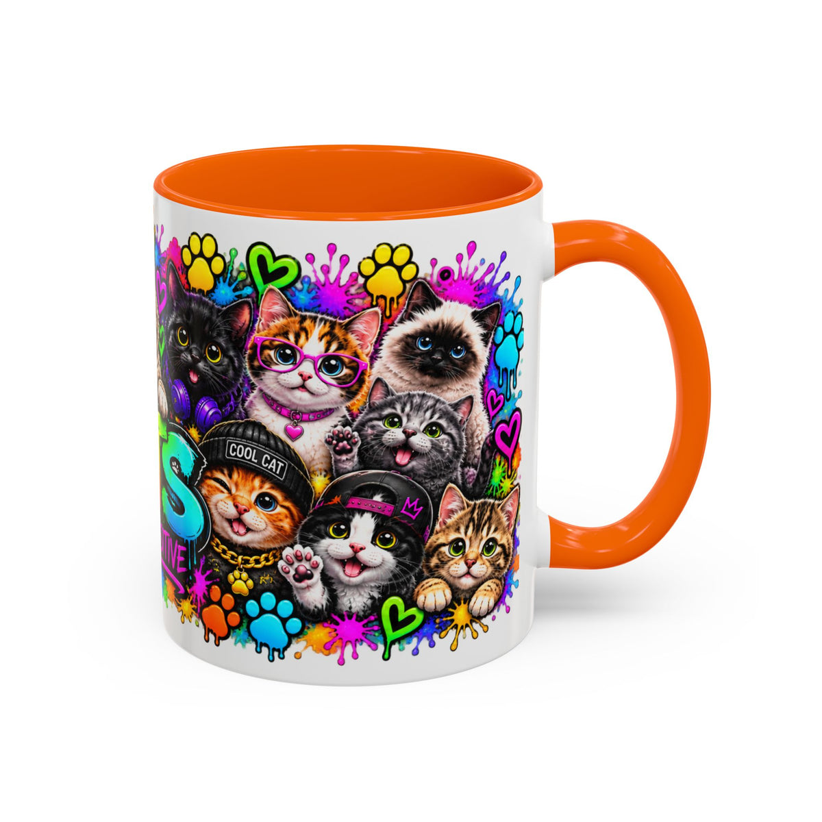 Cats Stay Pawsitive Accent Coffee Mug – Colorful Cute Cat Paw Print Design (11oz)
