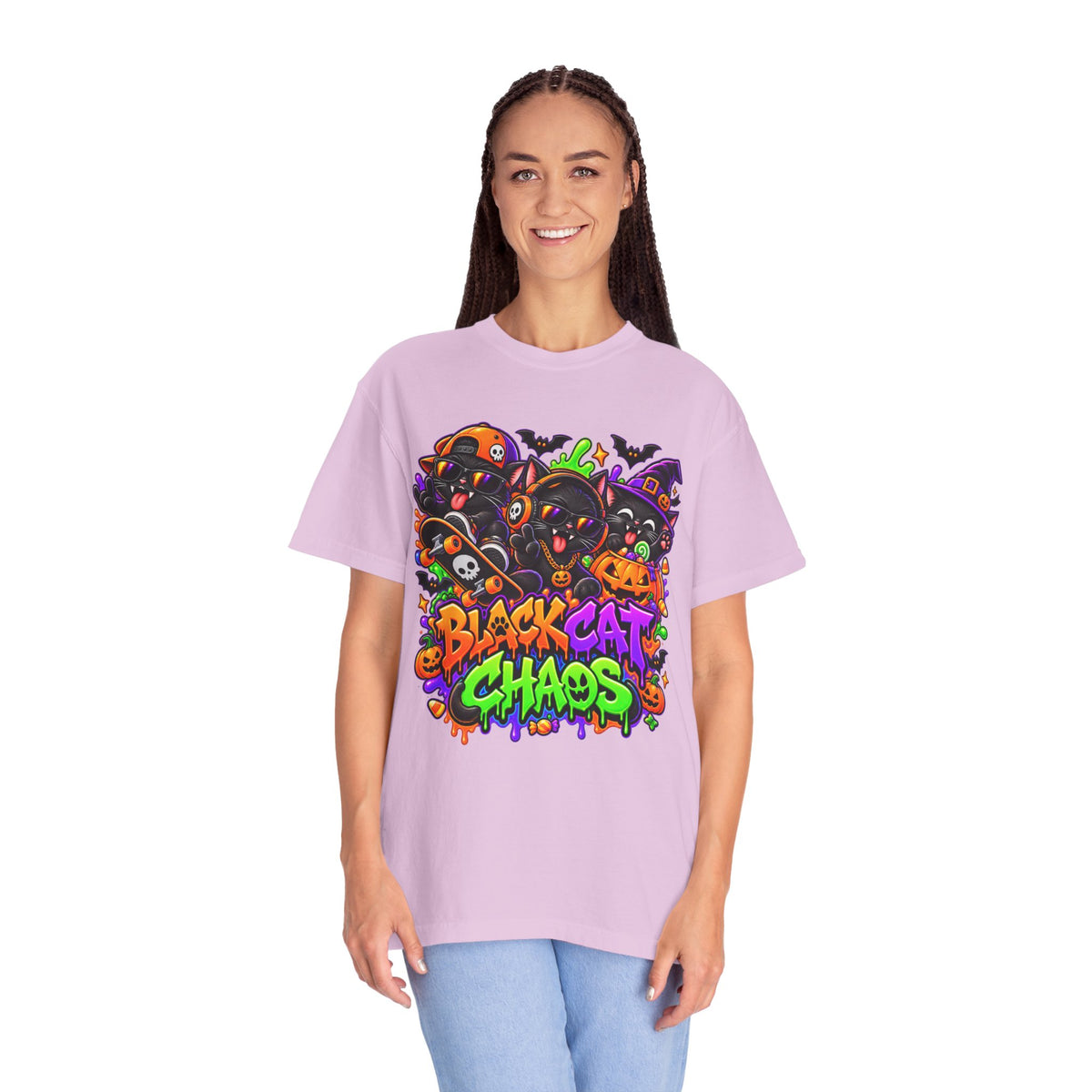Neon Black Cat Halloween Chaos T-Shirt | Cute Spooky Cat Graphic Tee