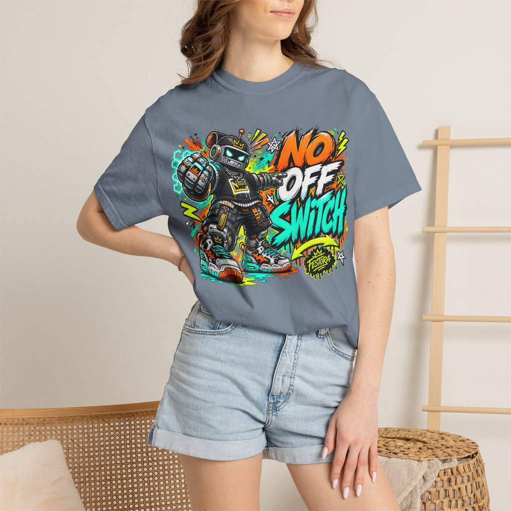 No Off Switch Robot Graphic T-Shirt — Bold Retro Streetwear Design