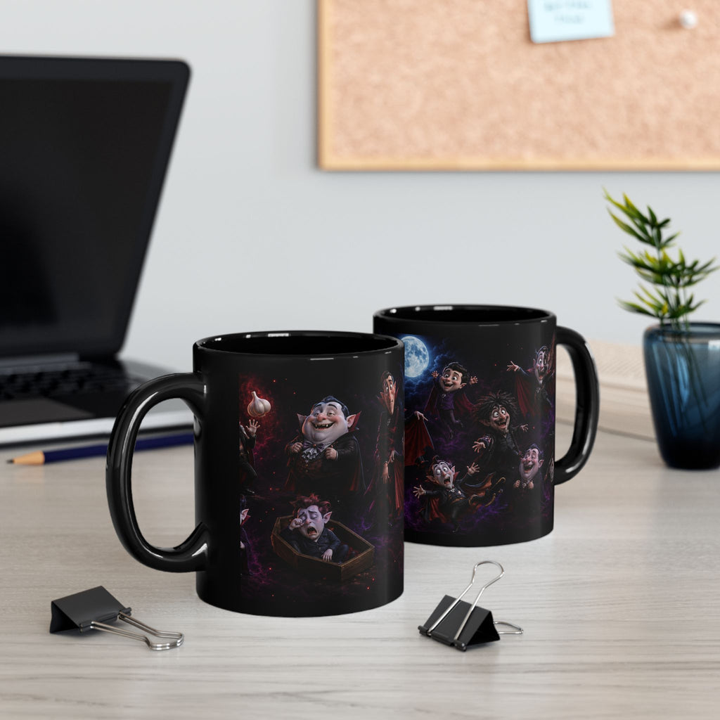 Funny Vampire  Black Mug – Moonlit Halloween Cartoon Wraparound (11oz, 15oz)