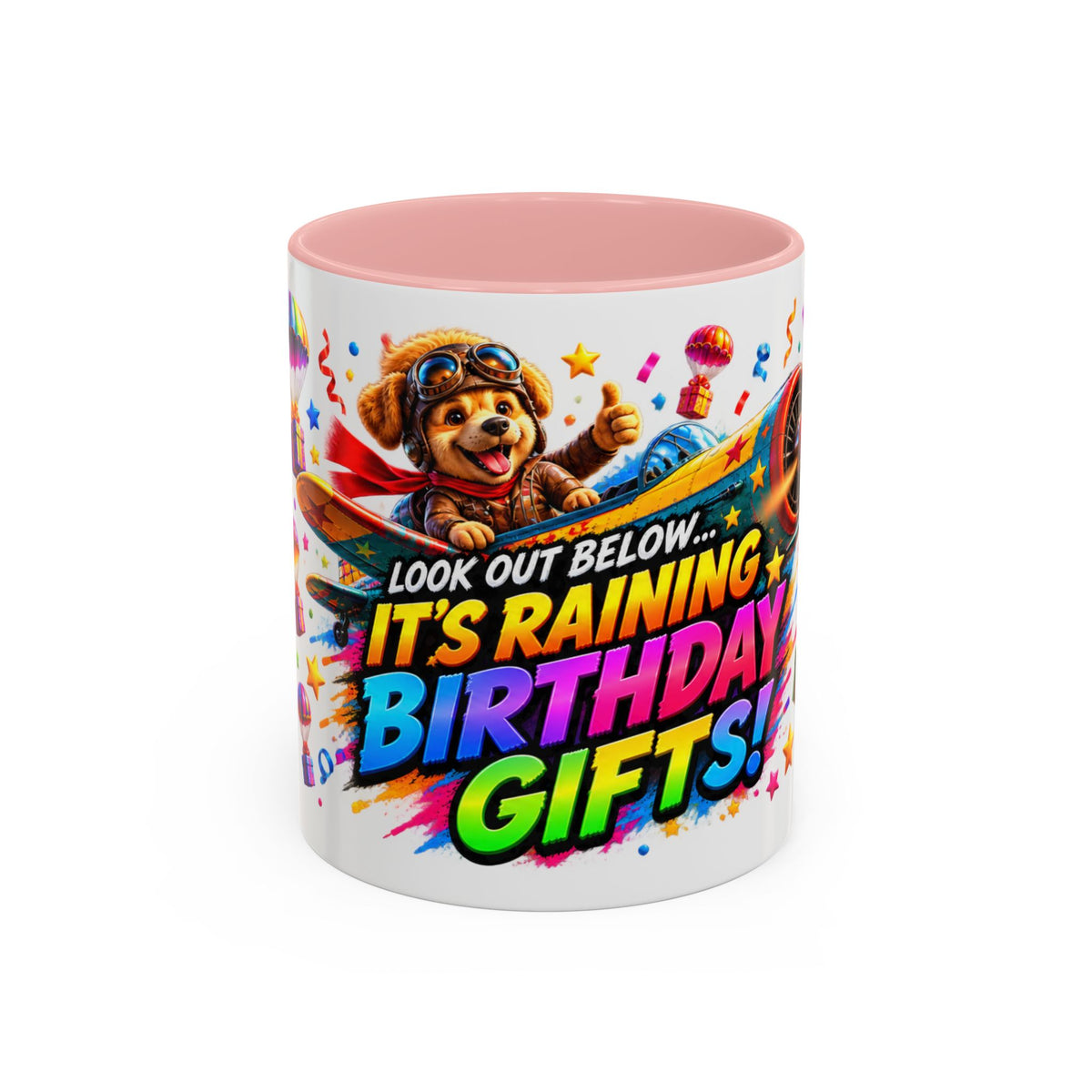 Birthday Gifts Coffee Mug — "It's Raining Birthday Gifts!" Colorful Accent Mug