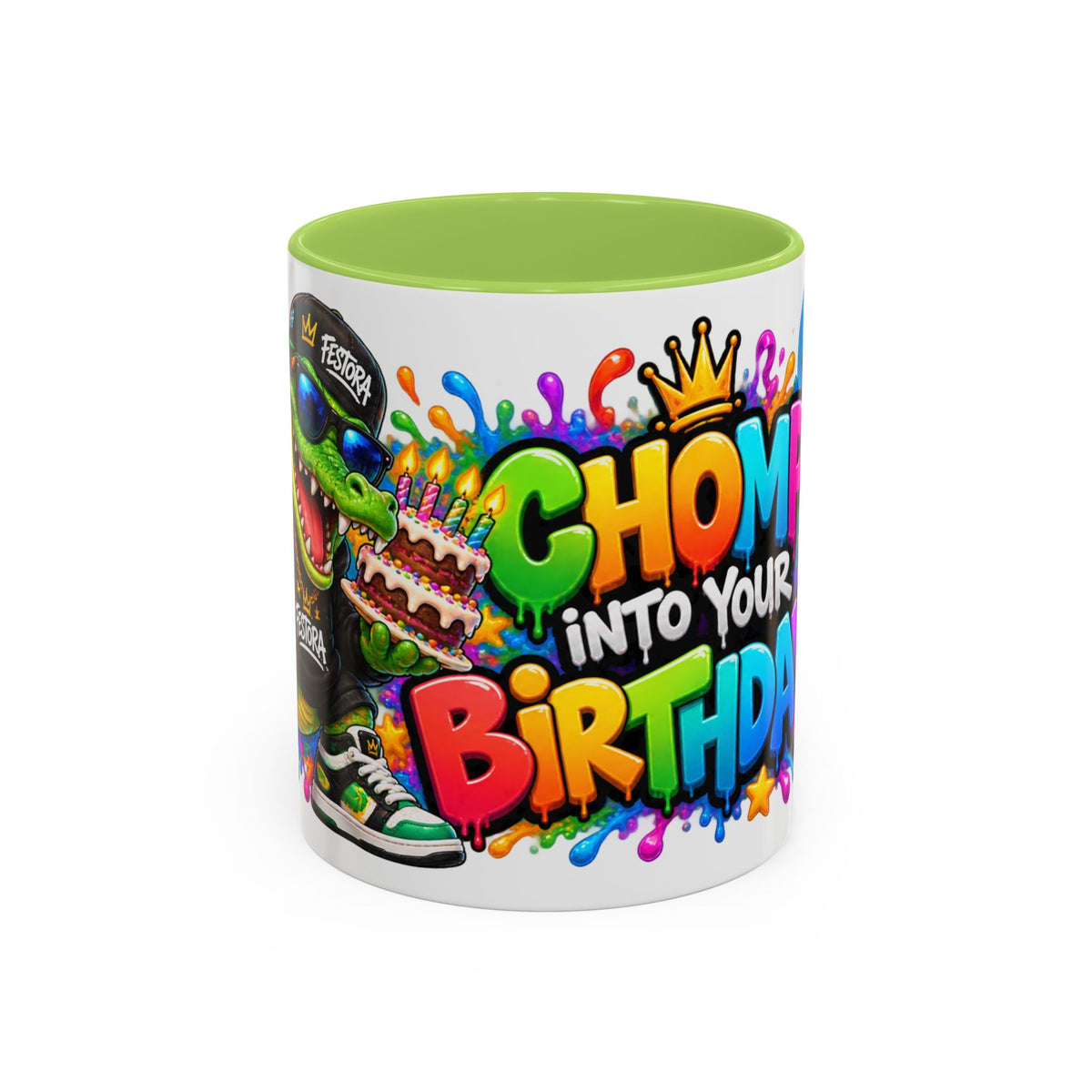 CHOMP INTO YOUR BIRTHDAY! White Ceramic Mug – Funny Crocodile Birthday Coffee Cup – Colorful Party Gift – Original FestoraShop Design