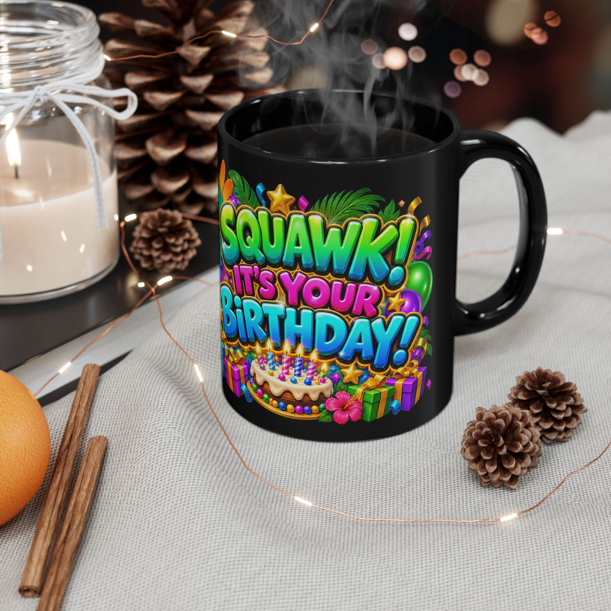 Squawk! It’s Your Birthday Black Mug – Colorful Parrot Birthday Cup, Fun Tropical Party Gift