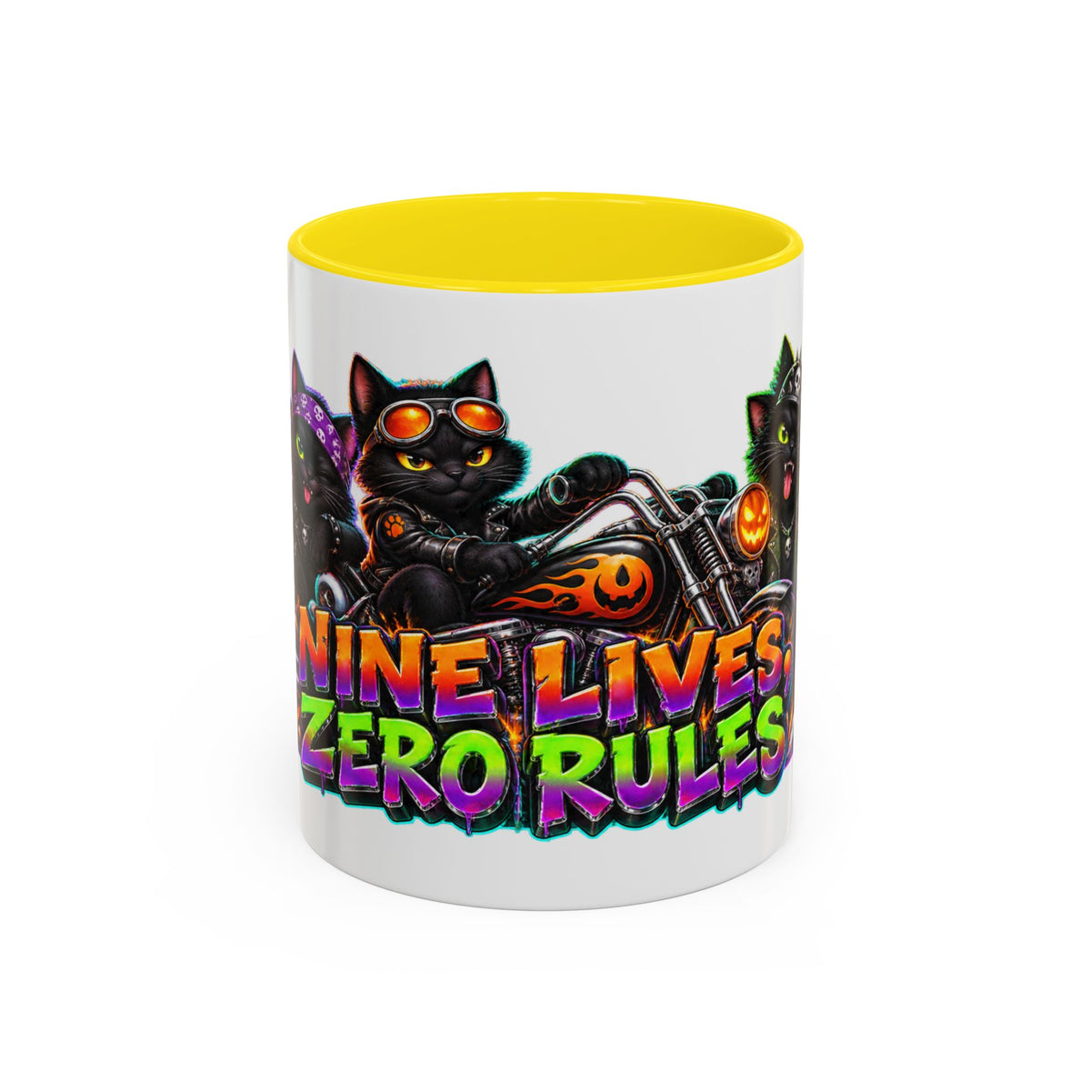 Nine Lives Zero Rules Biker Cats Halloween White Mug