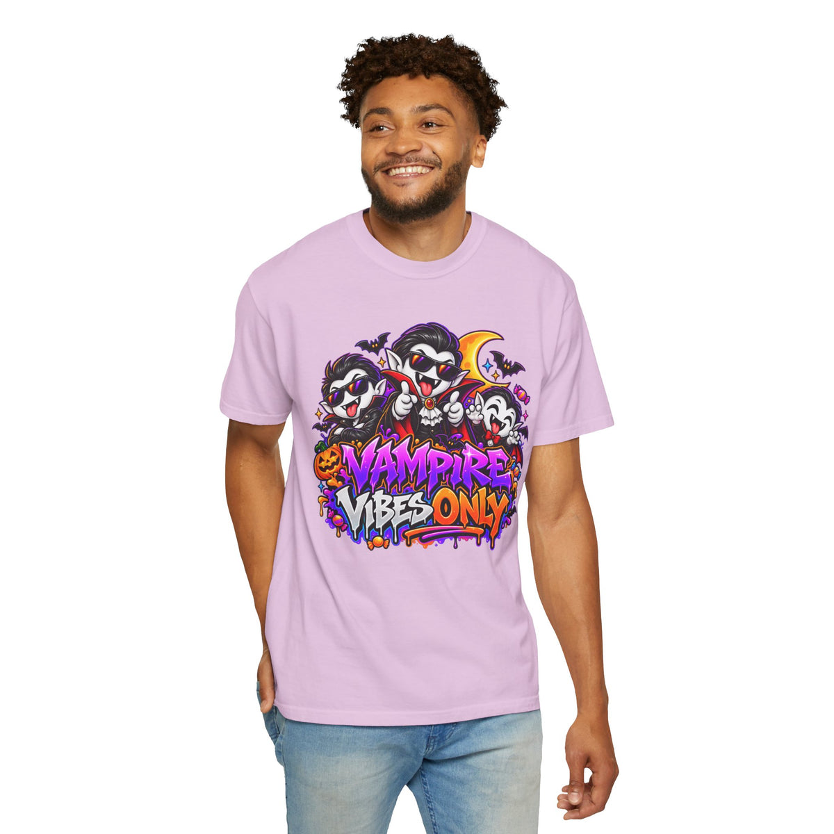 Neon Vampire Vibes Halloween Unisex Garment-Dyed T-Shirt Featuring a Cool Festora Vampire Crew