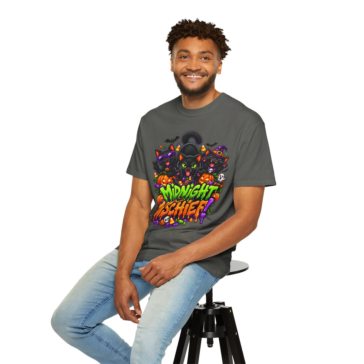 Midnight Mischief Halloween T-Shirt – Funny Black Cat Graphic Tee