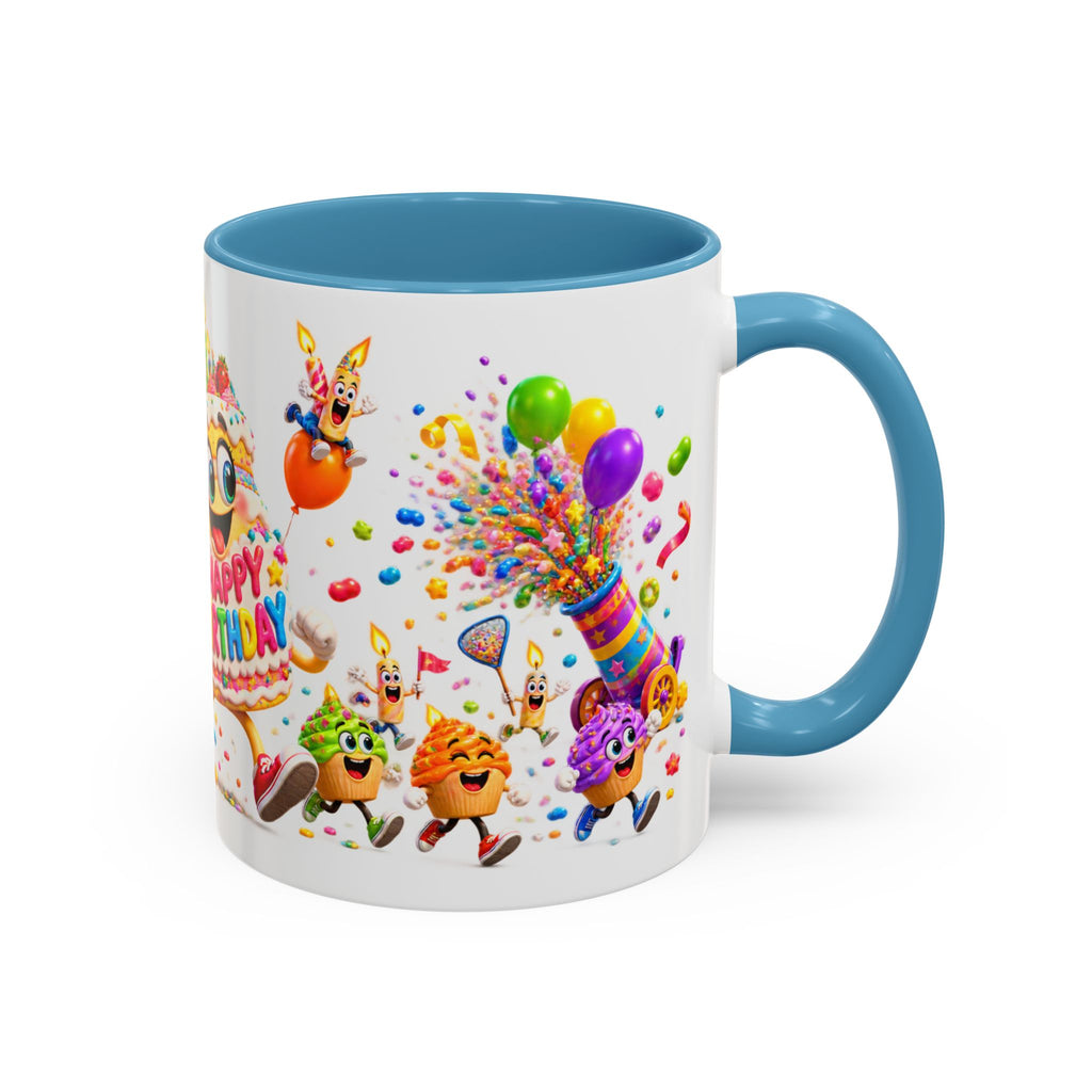 Birthday Party Coffee Mug – Colorful Happy Birthday Cake & Balloon Design (11/15oz Accent Mug)