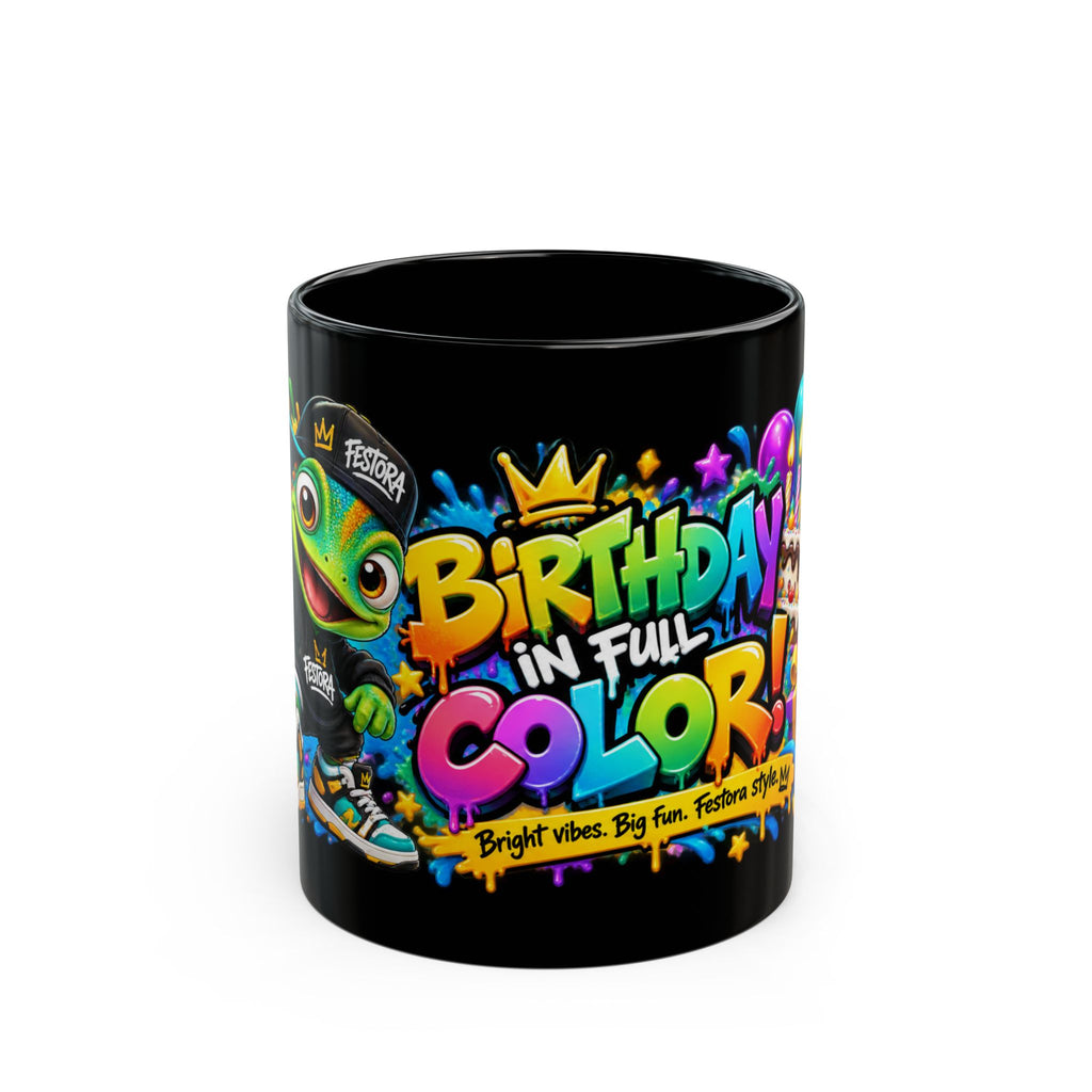 Birthday in Full Color Black Mug – Festora Chameleon Birthday Cup