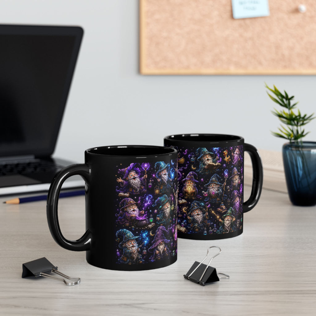 Magic Wizard Pattern Black Mug — Cute Wizardry Coffee Cup (11oz/15oz)