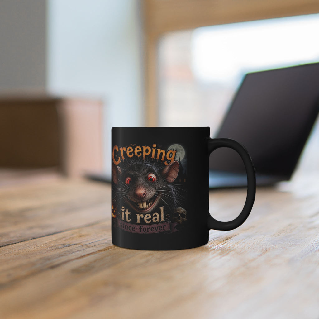 Creeping It Real Black Mug — Halloween Black Cat & Pumpkin Coffee Cup (11oz/15oz)