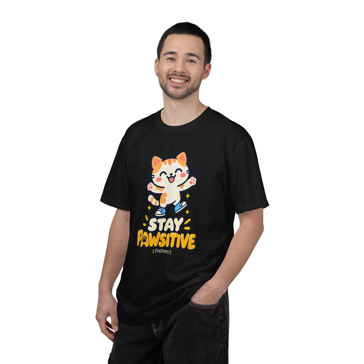 Stay Pawsitive – Cute Happy Cat Graphic T-Shirt