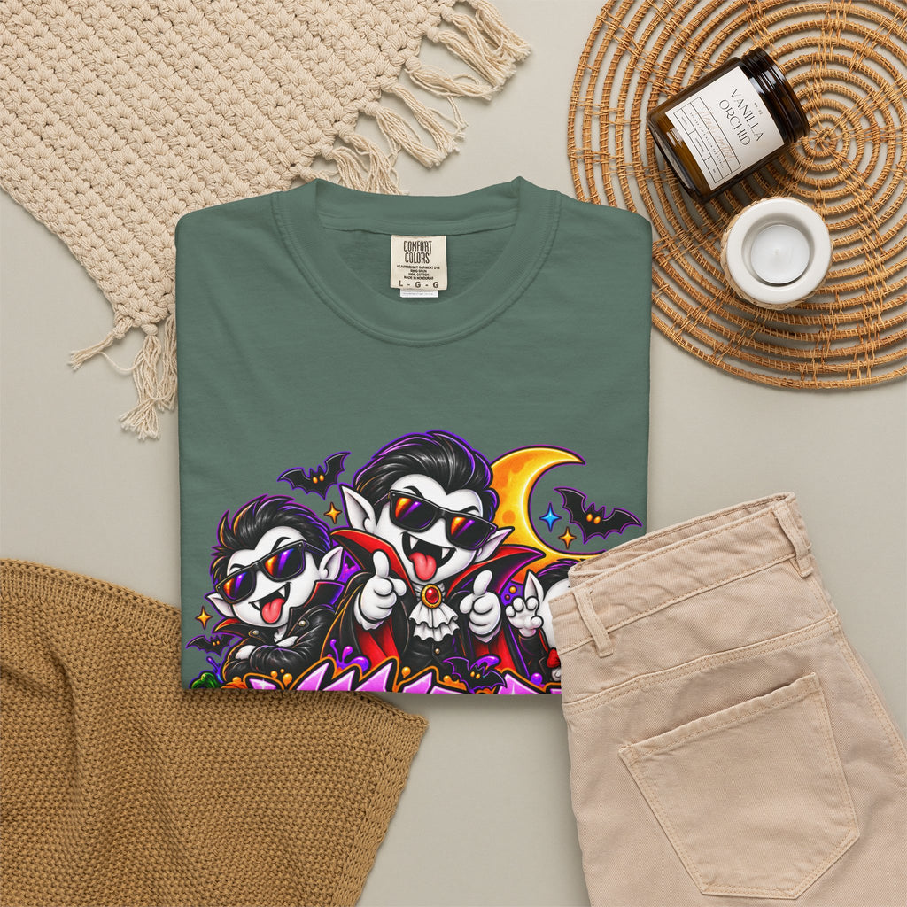 Neon Vampire Vibes Halloween Unisex Garment-Dyed T-Shirt Featuring a Cool Festora Vampire Crew