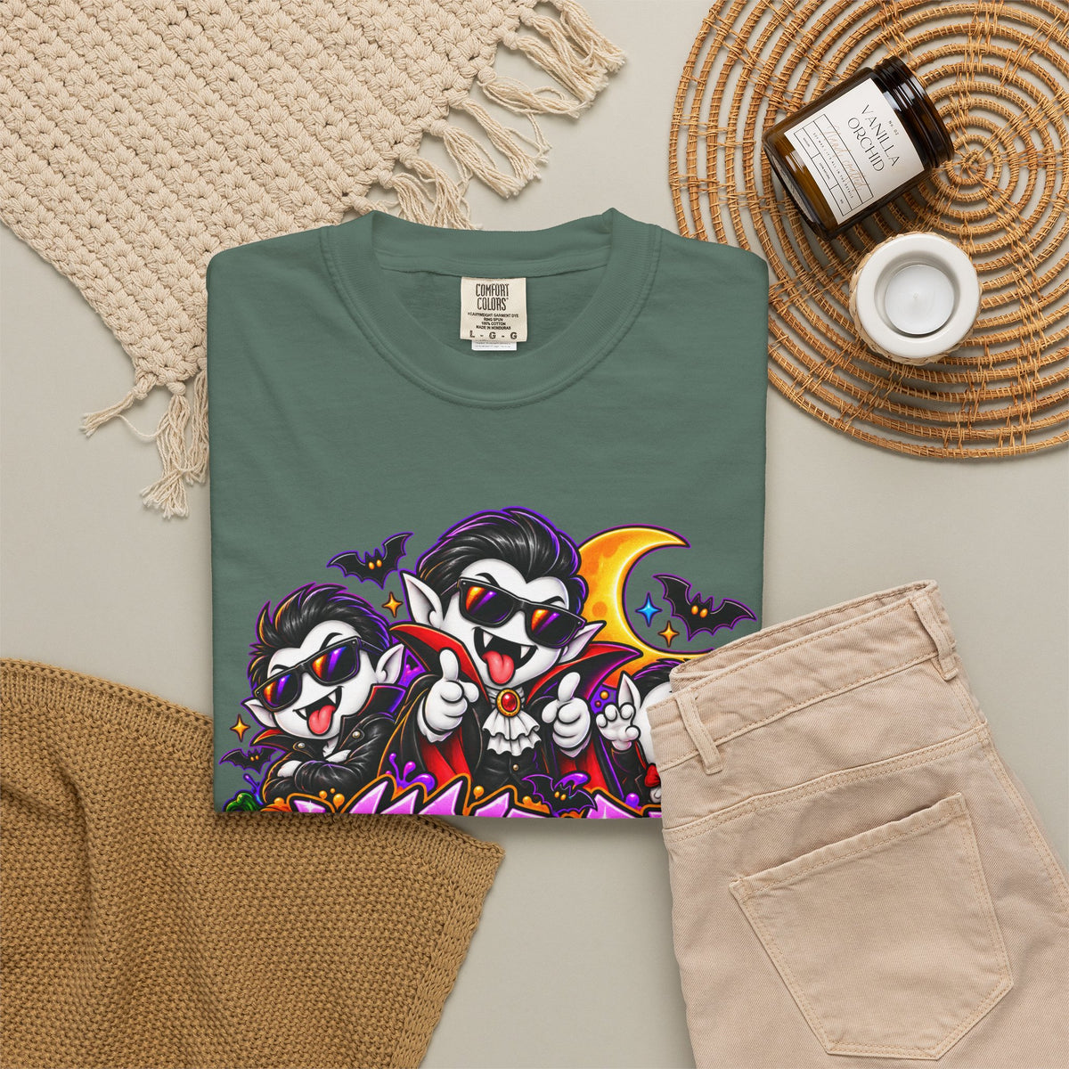Neon Vampire Vibes Halloween Unisex Garment-Dyed T-Shirt Featuring a Cool Festora Vampire Crew