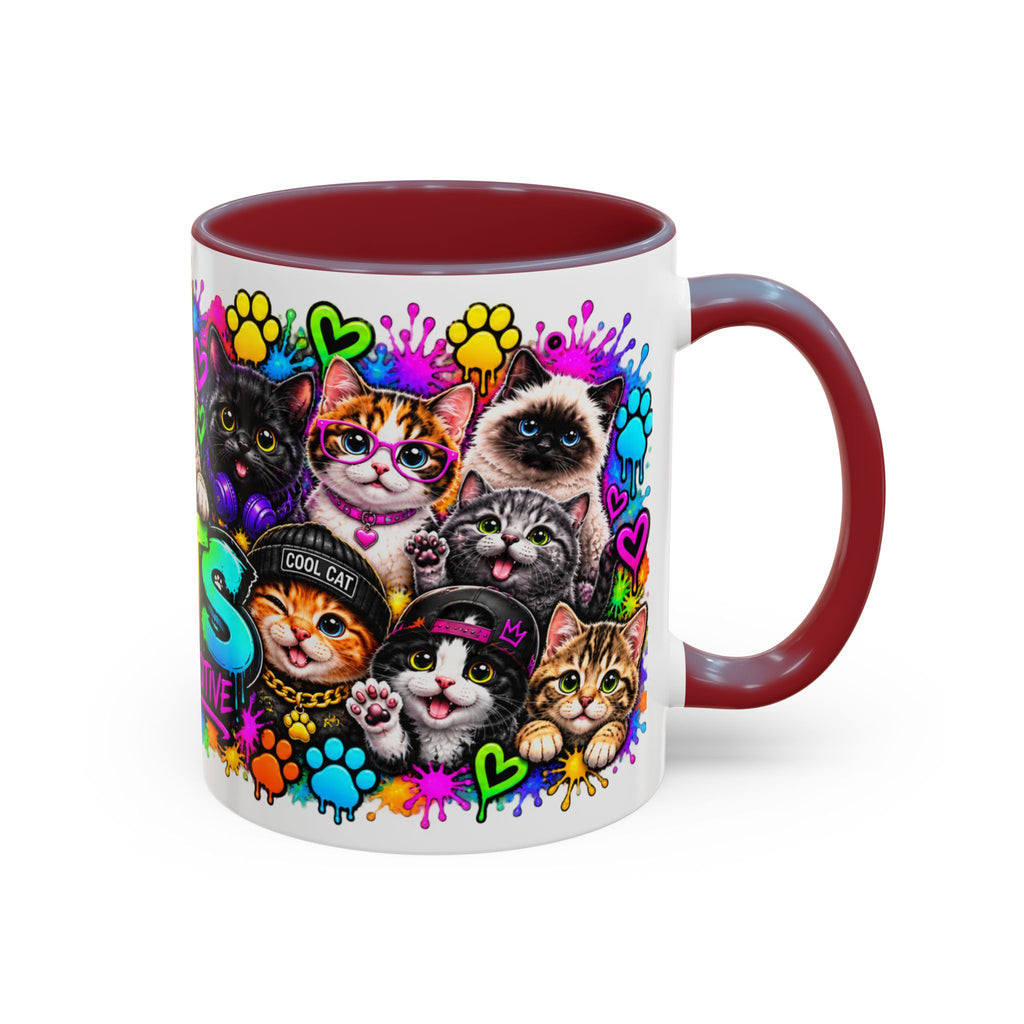 Cats Stay Pawsitive Accent Coffee Mug – Colorful Cute Cat Paw Print Design (11oz)