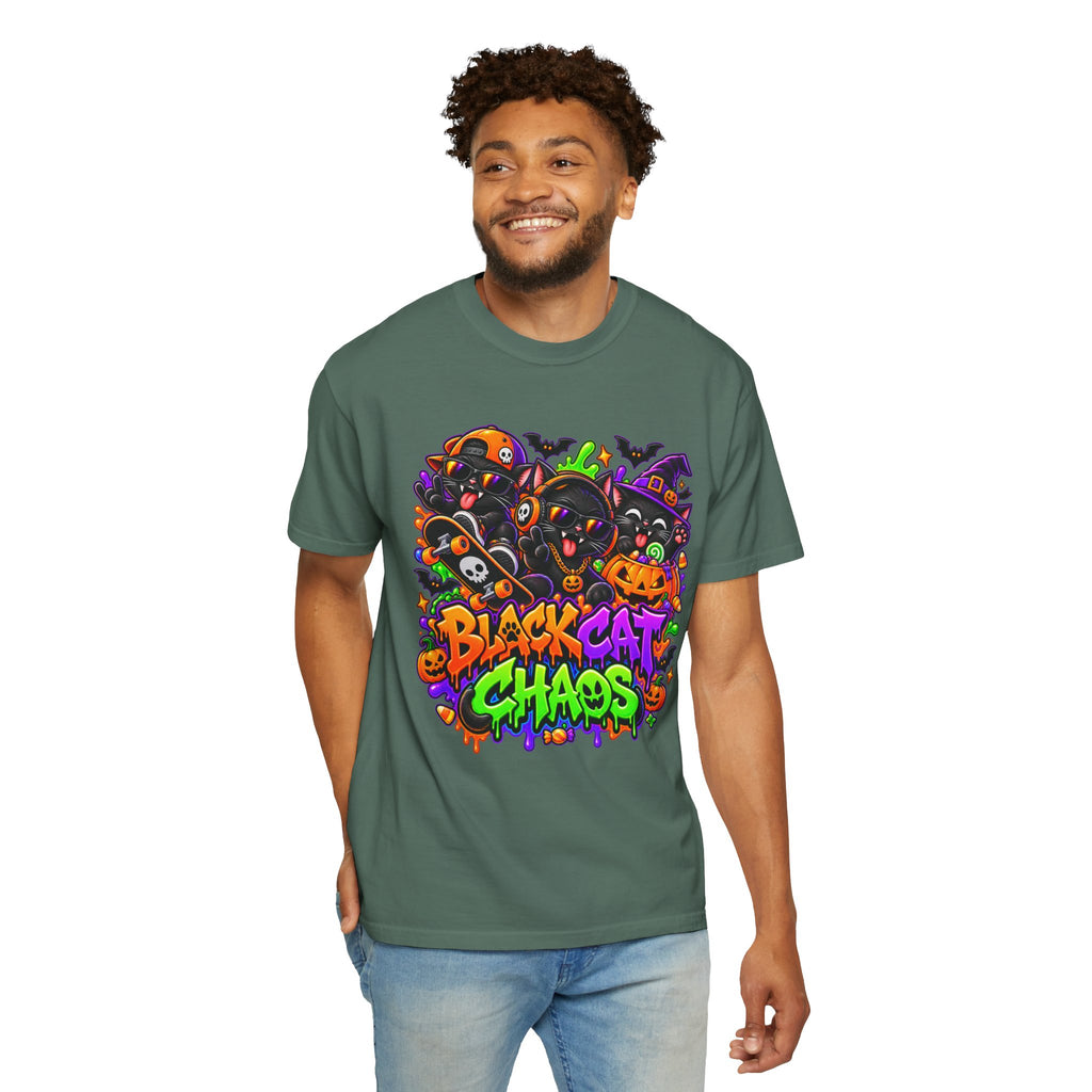 Neon Black Cat Halloween Chaos T-Shirt | Cute Spooky Cat Graphic Tee