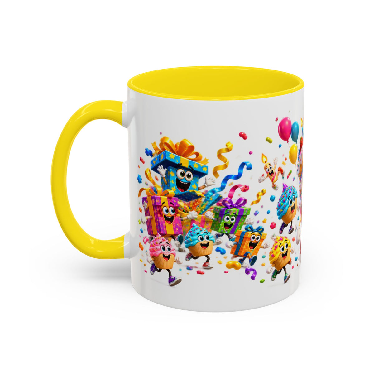 Birthday Party Coffee Mug – Colorful Happy Birthday Cake & Balloon Design (11/15oz Accent Mug)