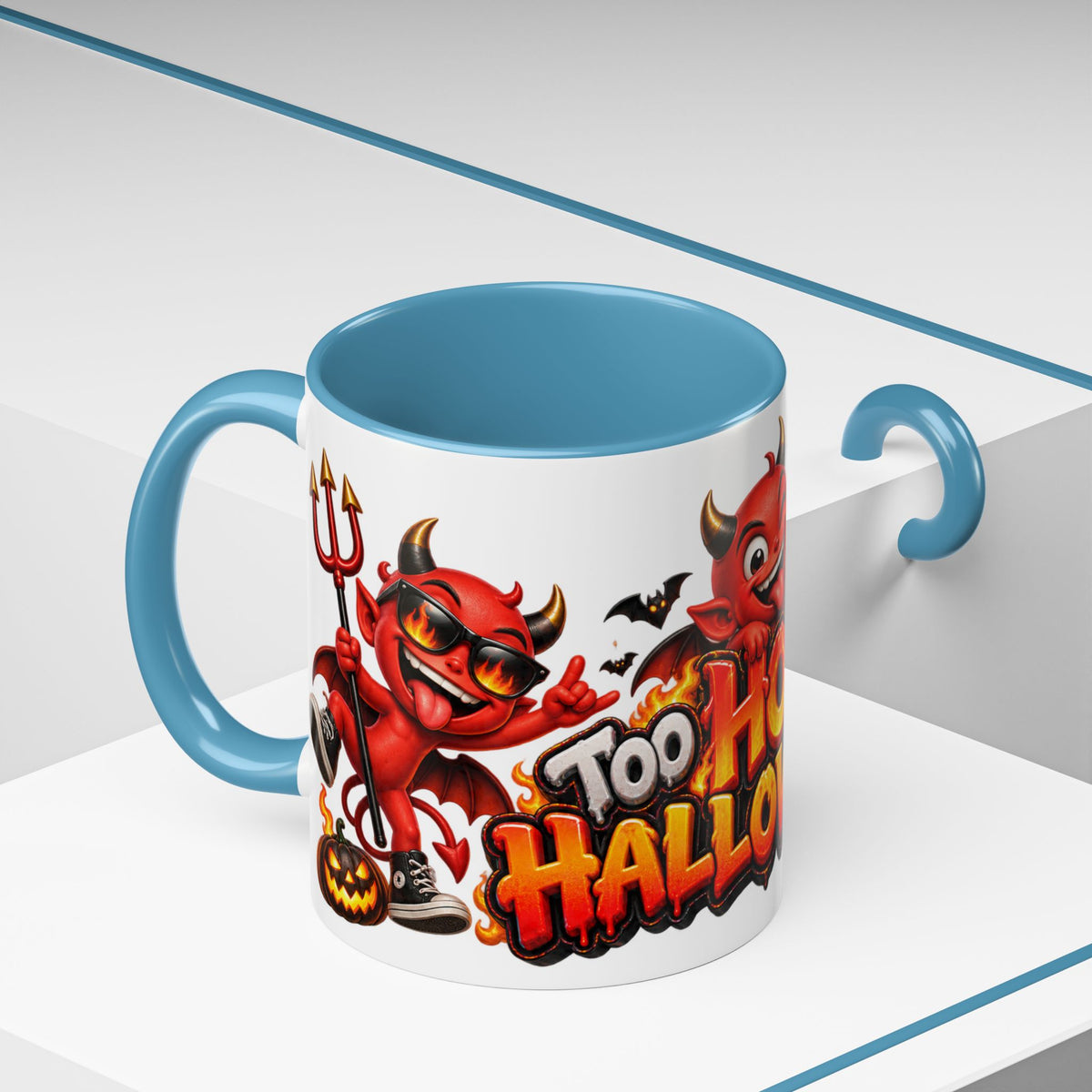 Too Hot for Halloween White Mug – Funny Devils, Flames & Spooky Design