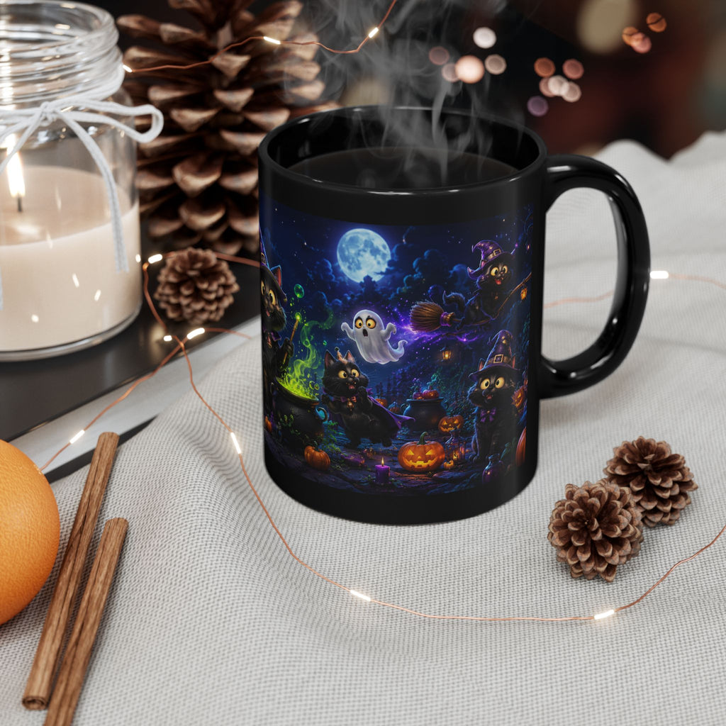 Halloween Black Cat Witch Mug – Spooky Night Cauldron Coffee Cup (11oz/15oz)