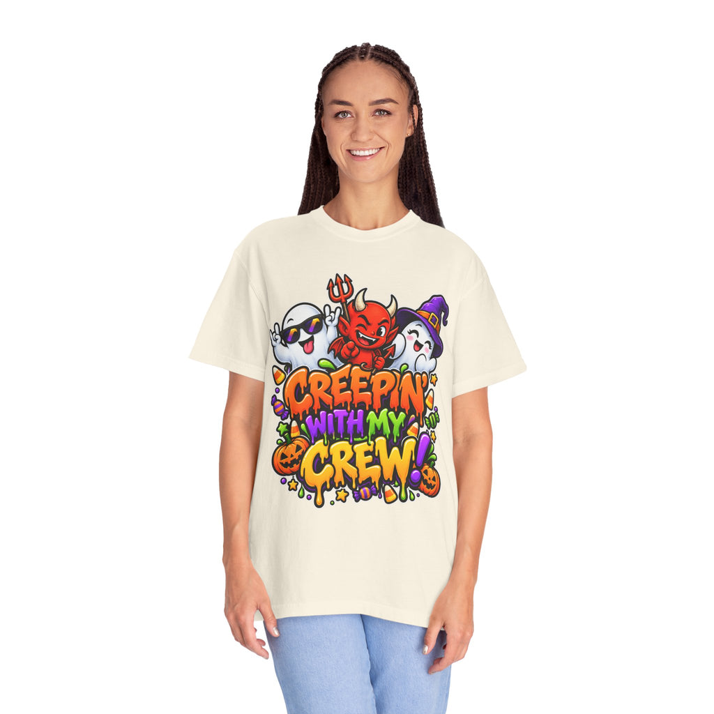 Creepin’ With My Crew Halloween T-Shirt – Colorful Funny Ghost & Devil Graphic Tee