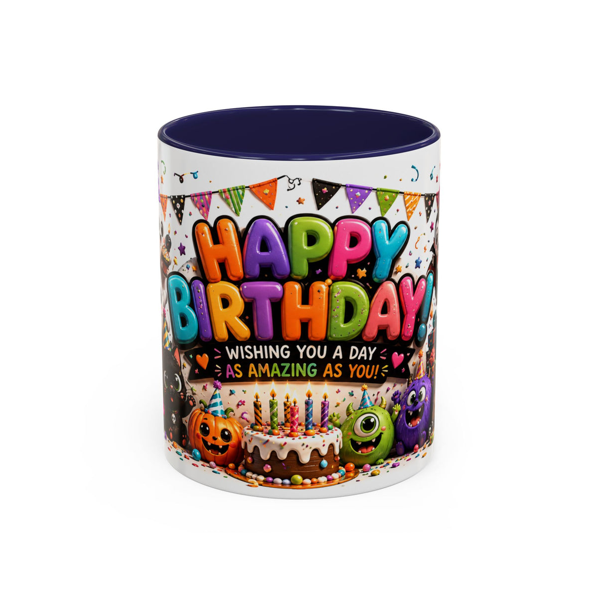 Happy Birthday Accent Coffee Mug — Colorful 3D Birthday Party Design (11/15oz)