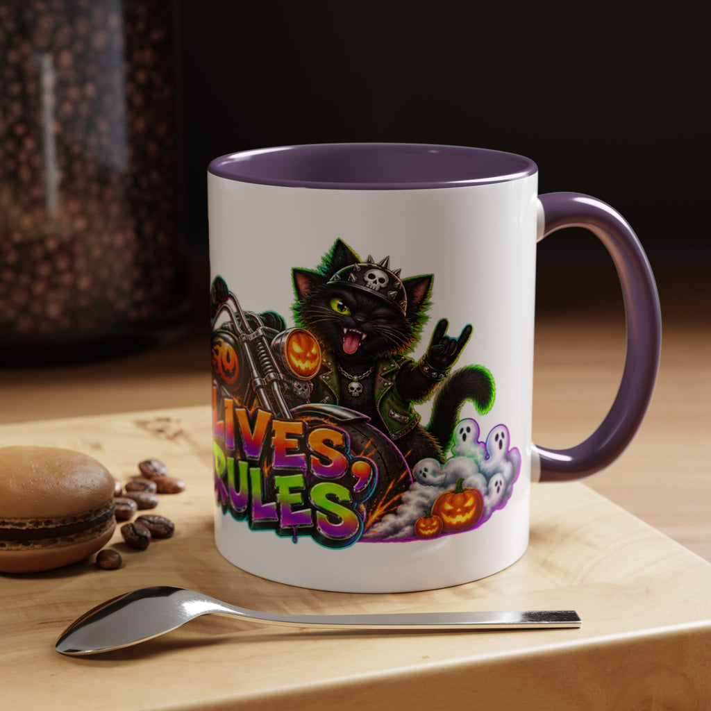 Nine Lives Zero Rules Biker Cats Halloween White Mug