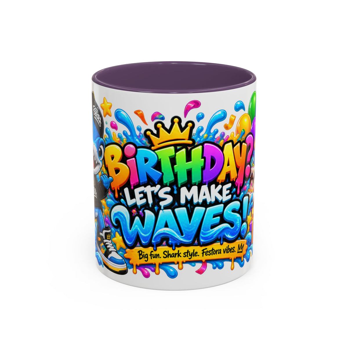 BIRTHDAY? LET’S MAKE WAVES! White Ceramic Mug – Funny Shark Birthday Coffee Cup – Original FestoraShop Design
