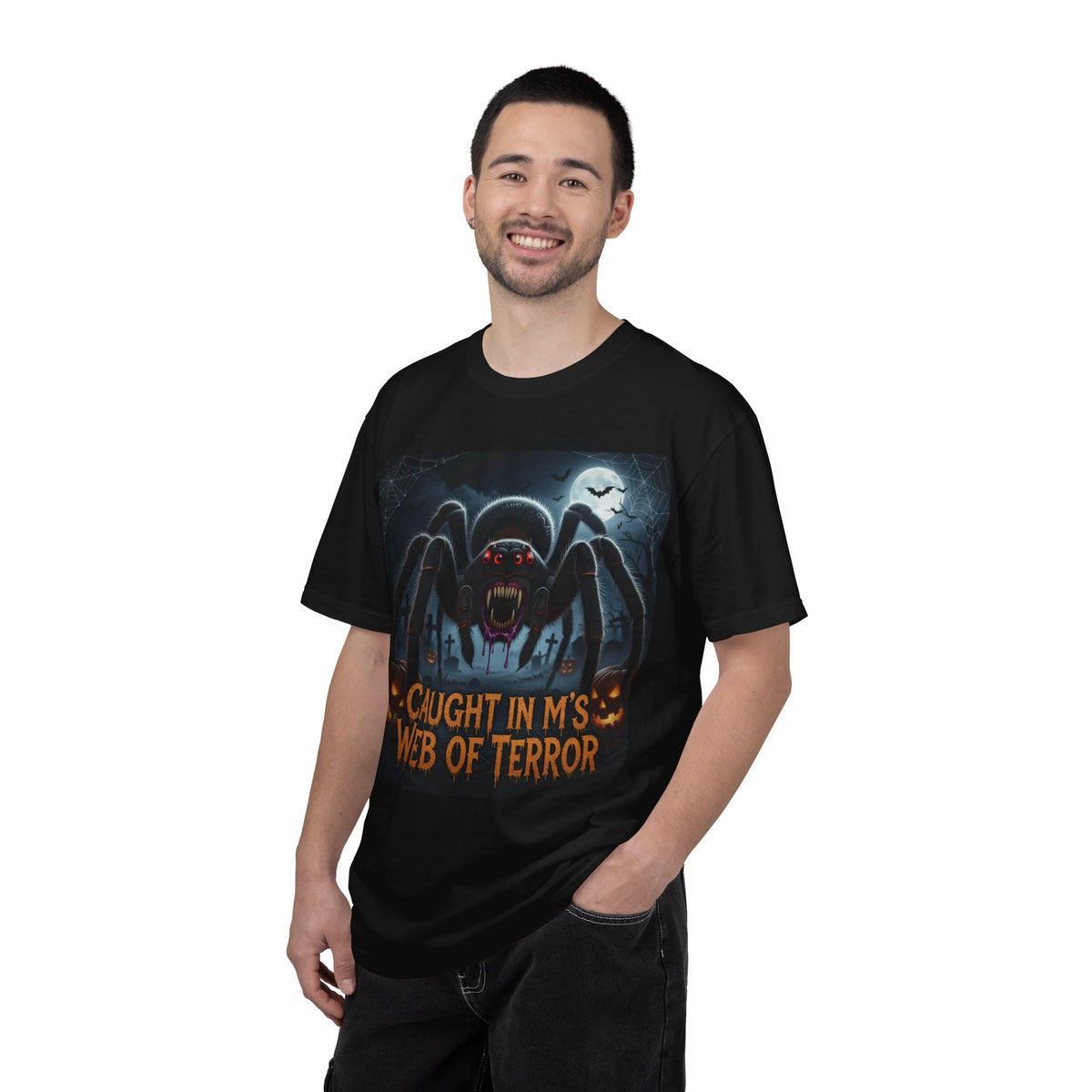 Spider Halloween T-Shirt — "Caught in M's Web of Terror" Horror Graphic Tee