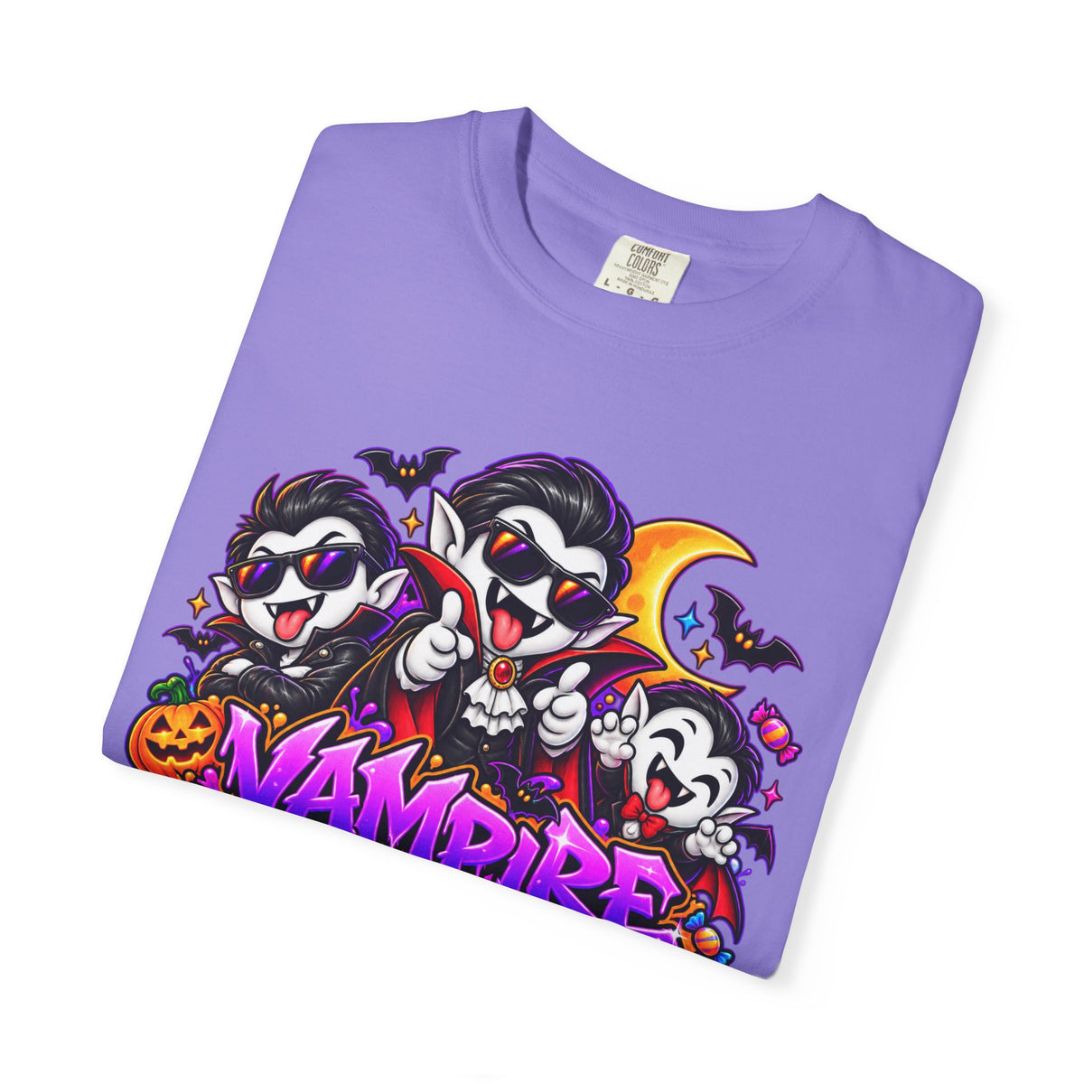 Neon Vampire Vibes Halloween Unisex Garment-Dyed T-Shirt Featuring a Cool Festora Vampire Crew