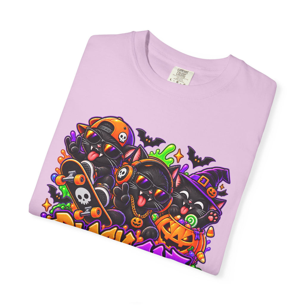 Neon Black Cat Halloween Chaos T-Shirt | Cute Spooky Cat Graphic Tee