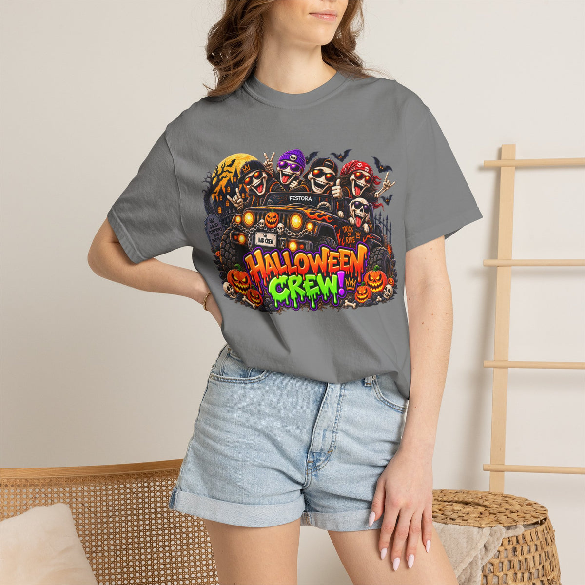 Halloween Crew T-Shirt – Skeleton Jeep Spooky Graphic Tee
