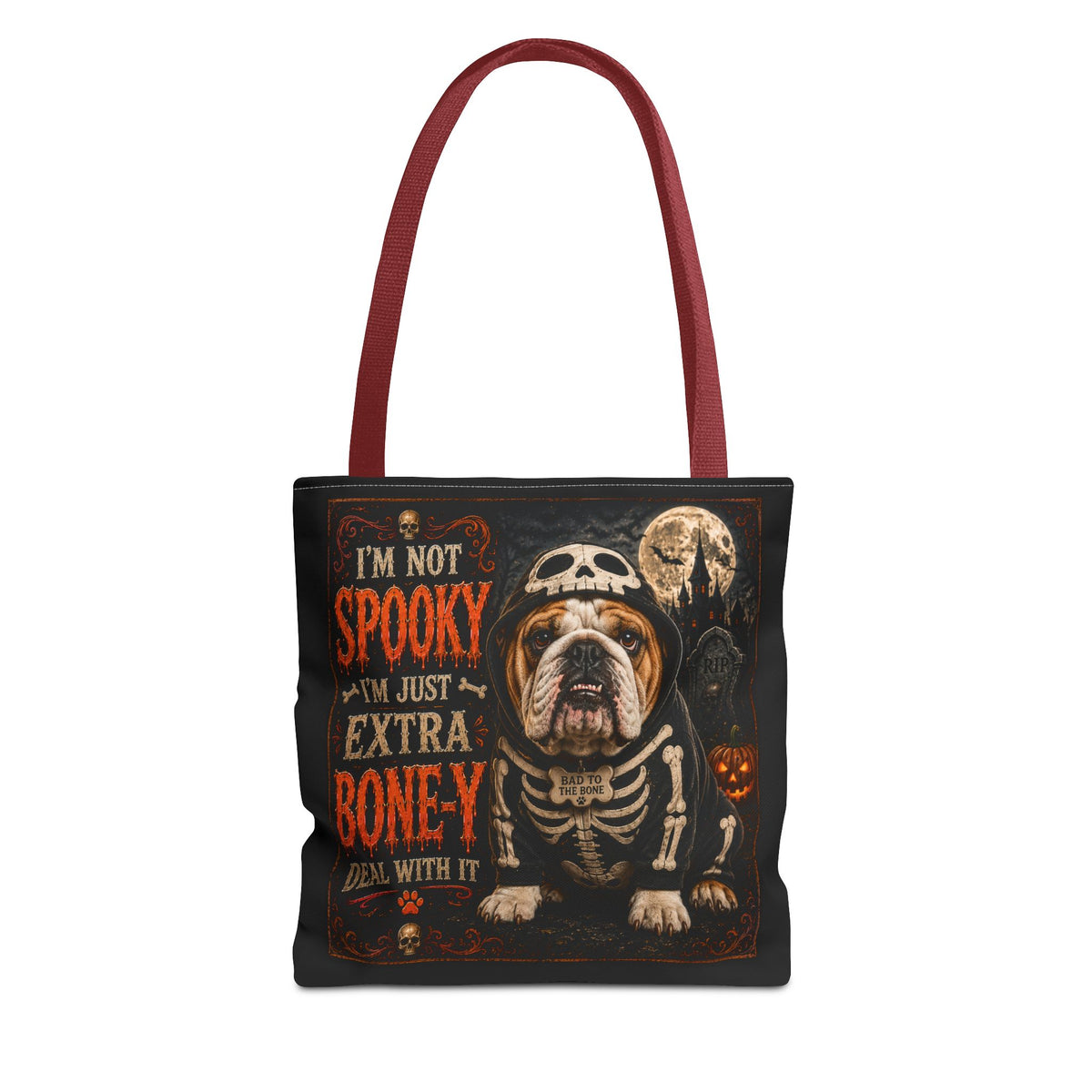 Halloween Bulldog Tote Bag – "I’m Not Spooky, I’m Just Extra Boney" All-Over Print