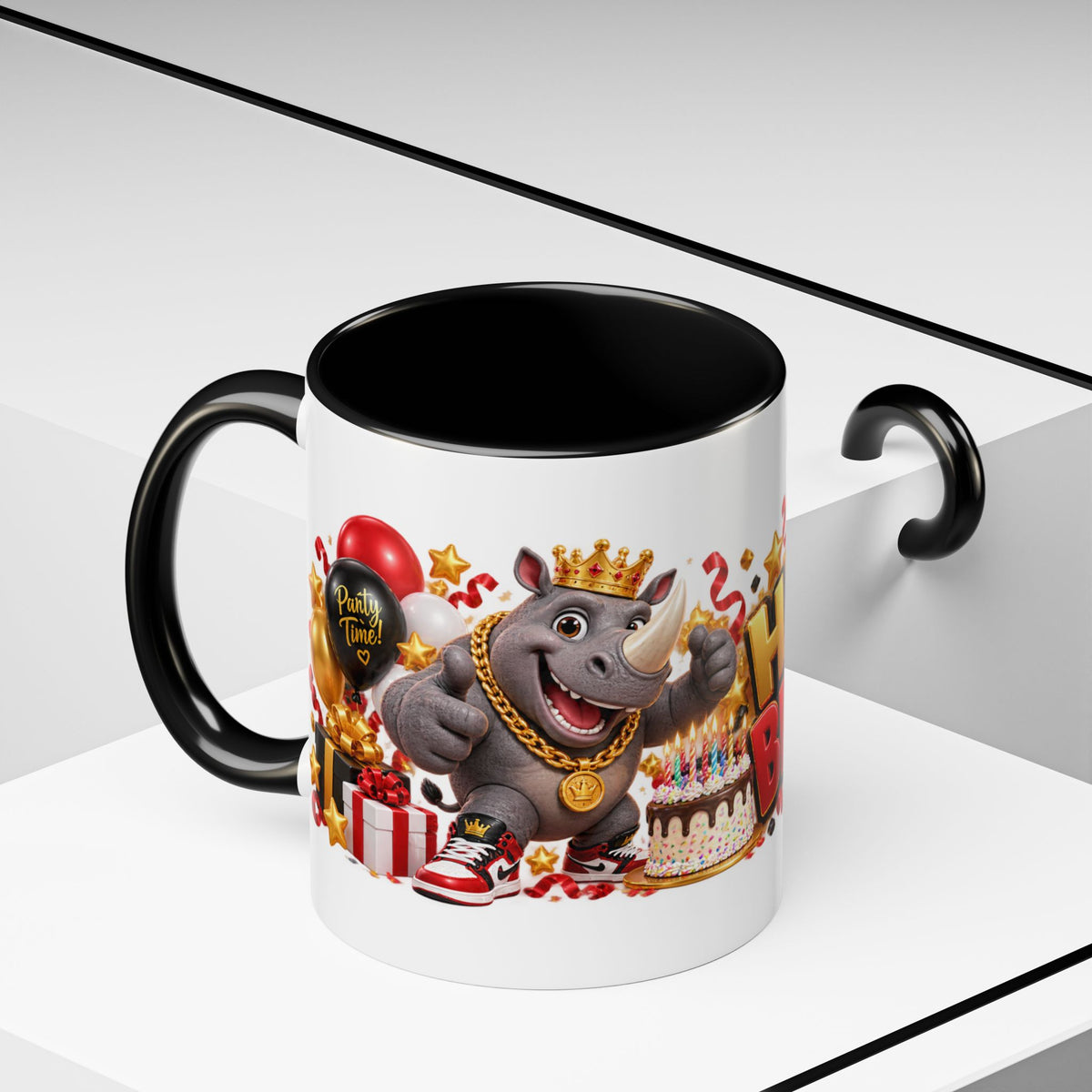 Happy Birthday Rhino Mug – Colorful 3D Birthday Gift – White Coffee Mug