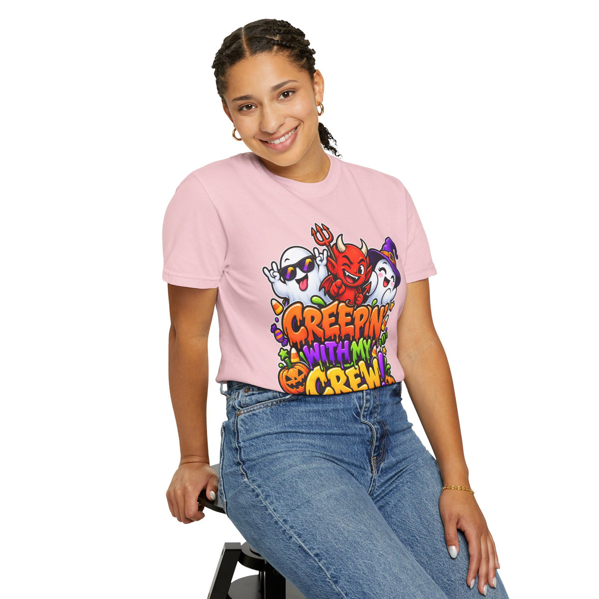 Creepin’ With My Crew Halloween T-Shirt – Colorful Funny Ghost & Devil Graphic Tee