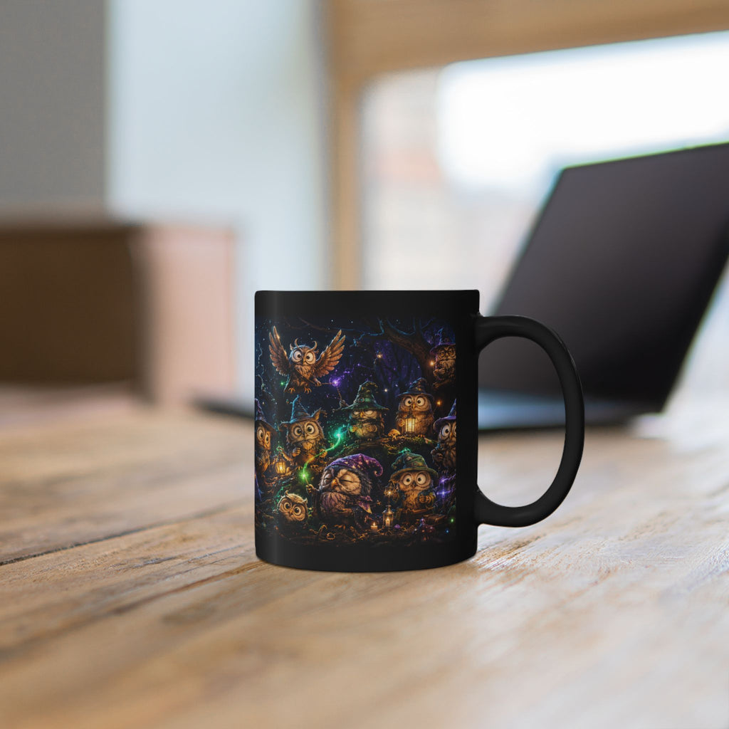 Halloween Owl Magic Black Mug — Witchy Owls Night Sky Coffee Cup (11oz/15oz)