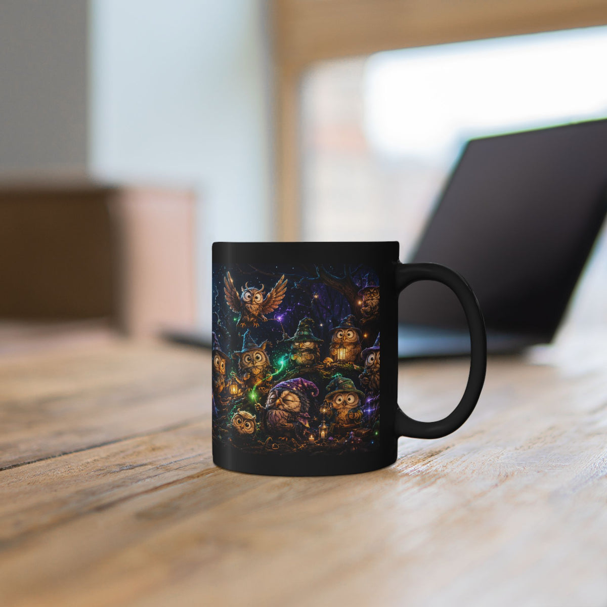 Halloween Owl Magic Black Mug — Witchy Owls Night Sky Coffee Cup (11oz/15oz)