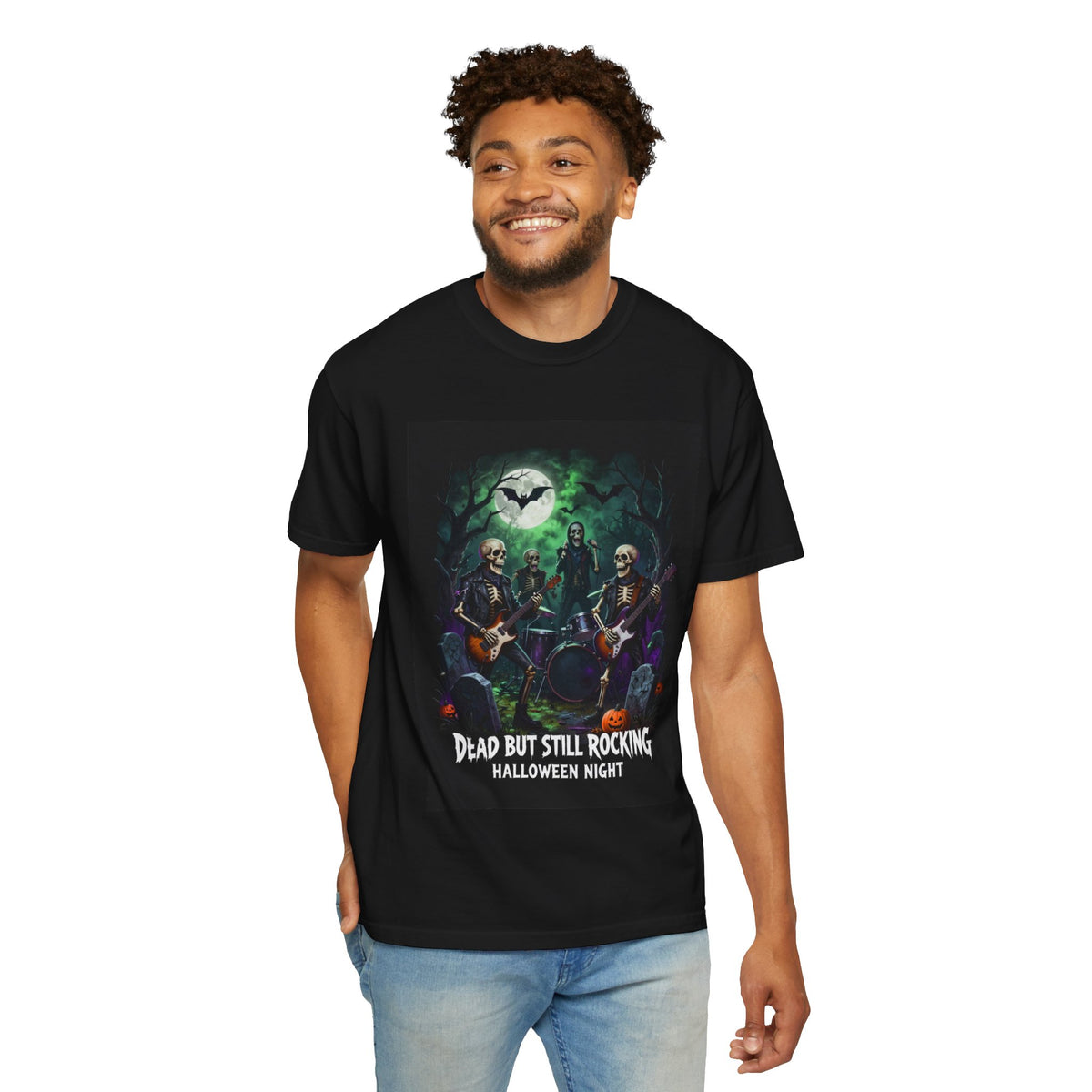 Halloween Rock Band T-Shirt — "Dead But Still Rocking" Skeleton Guitar Tee