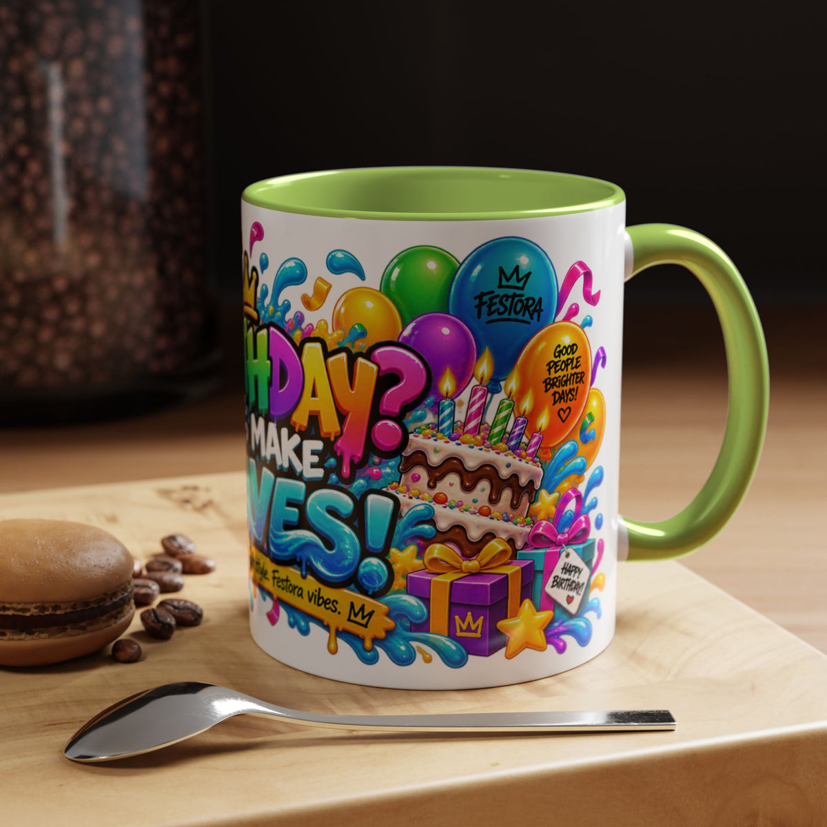 BIRTHDAY? LET’S MAKE WAVES! White Ceramic Mug – Funny Shark Birthday Coffee Cup – Original FestoraShop Design