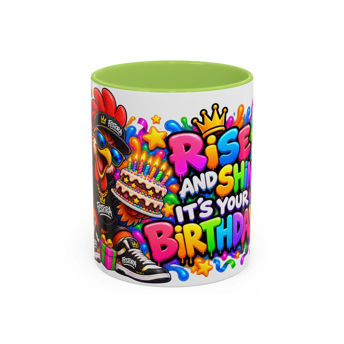 RISE AND SHINE… IT’S YOUR BIRTHDAY! White Ceramic Mug – Funny Rooster Birthday Coffee Cup – Colorful Party Gift – Original FestoraShop Design